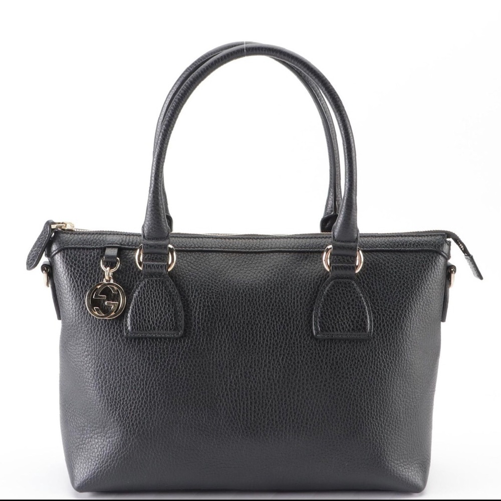 GUCCI Small Zip Tote Bag in Black Grained Leather with Shoulder Strap